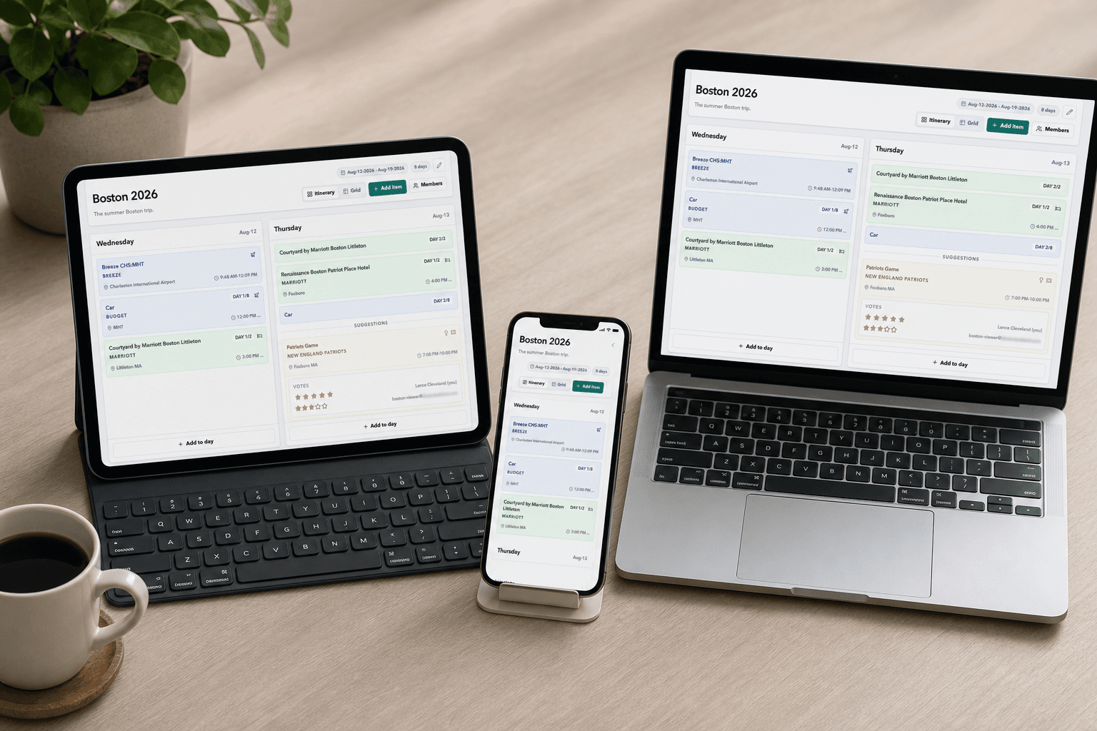 Travel App itinerary dashboard shown on tablet, phone, and laptop screens